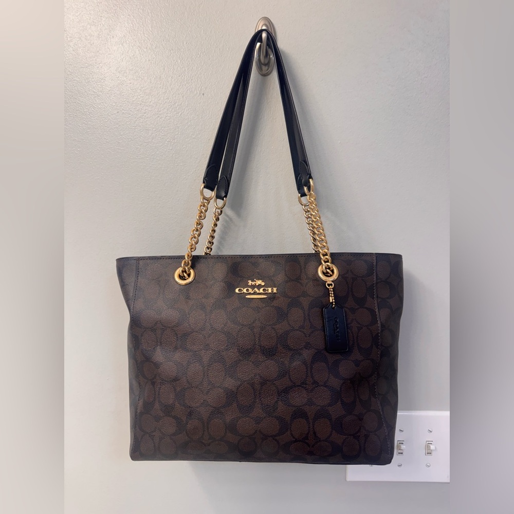 Coach Brown Signature Tote with Gold Hardware and Black Straps